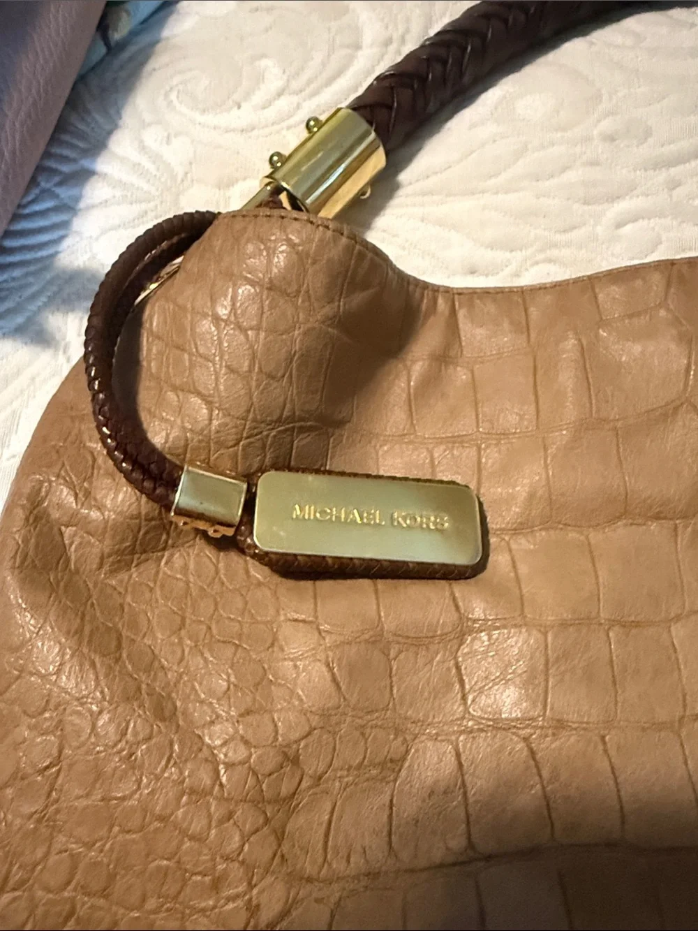 Michael Kors Beige Croc-Embossed Leather Hobo with Braided Handle